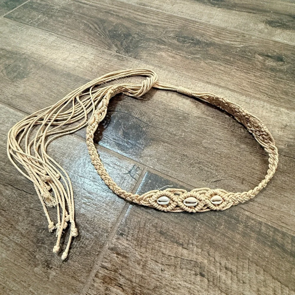 Boho Macrame Cowrie Shell Braided Tassel Tie Festival Belt, 64